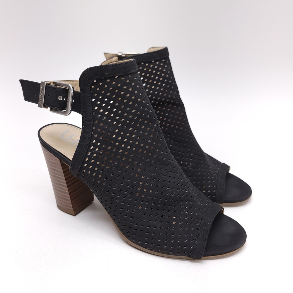 Sam & Libby Womens Black Perforated Slingback Block Heel‎ Peep Toe Sandals 7.5